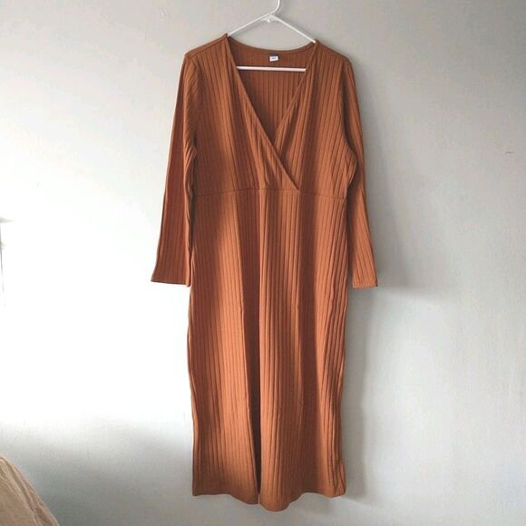 Old Navy Maternity Dress XL Brown Maxi Faux Wrap Rib Knit Long Sleeve Cotton New - Picture 1 of 8